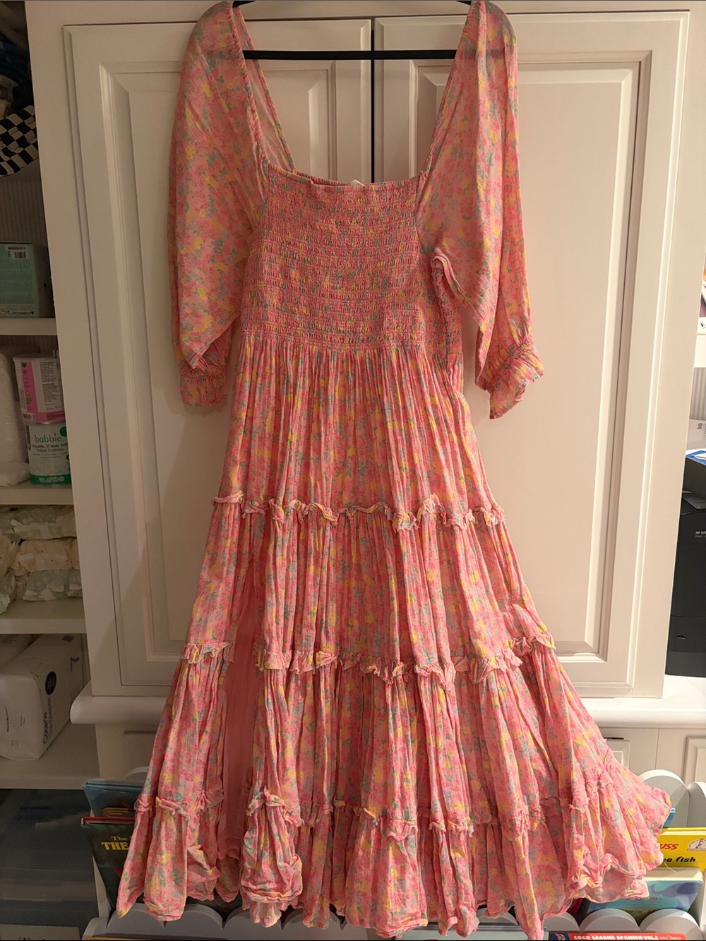 LoveShackFancy Pink Floral Tiered Midi Dress with Puff Sleeves